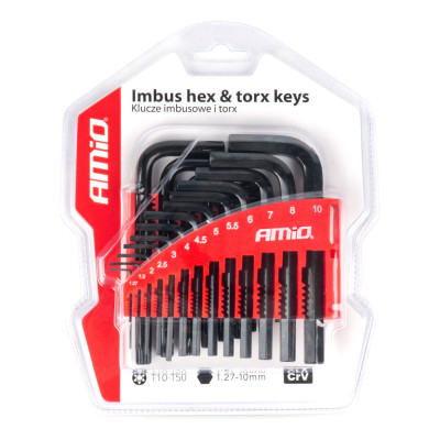 Imbusové kľúče hex a torx z CRV ocele, čierna 22ks AMiO-04297