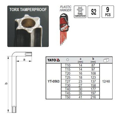 YATO Sada kľúčov TORX T10 - T50 s otvorom 9 ks dlhé