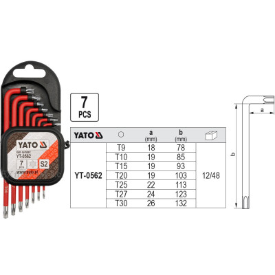 YATO Sada kľúčov TORX T9 - T30 s otvorom 7 ks