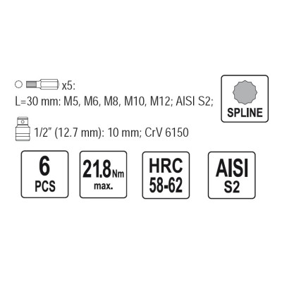 YATO Sada bitov 6 ks viaczubé SPLINE