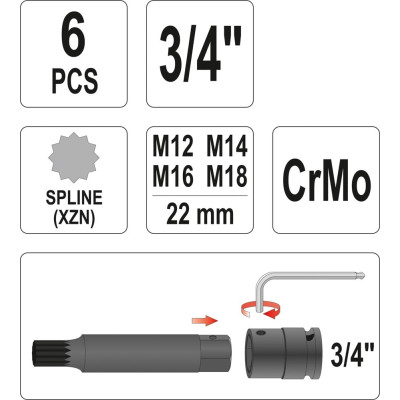 YATO Sada nadstavcov 3/4" rázové 6 ks M12-M18 viaczubé CrMo